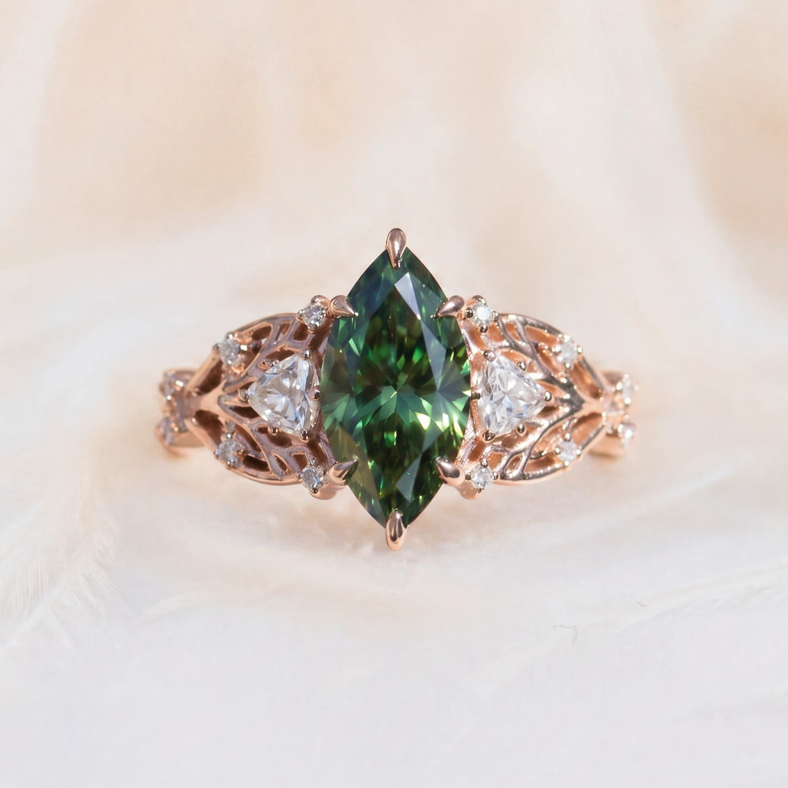 Moissanite Ring with Leaf and Vine Details